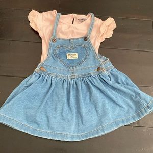 OSHKOSH B’Gosh Overall Denim Dress & Pink Ruffle Shirt Onesie 2T 24Months